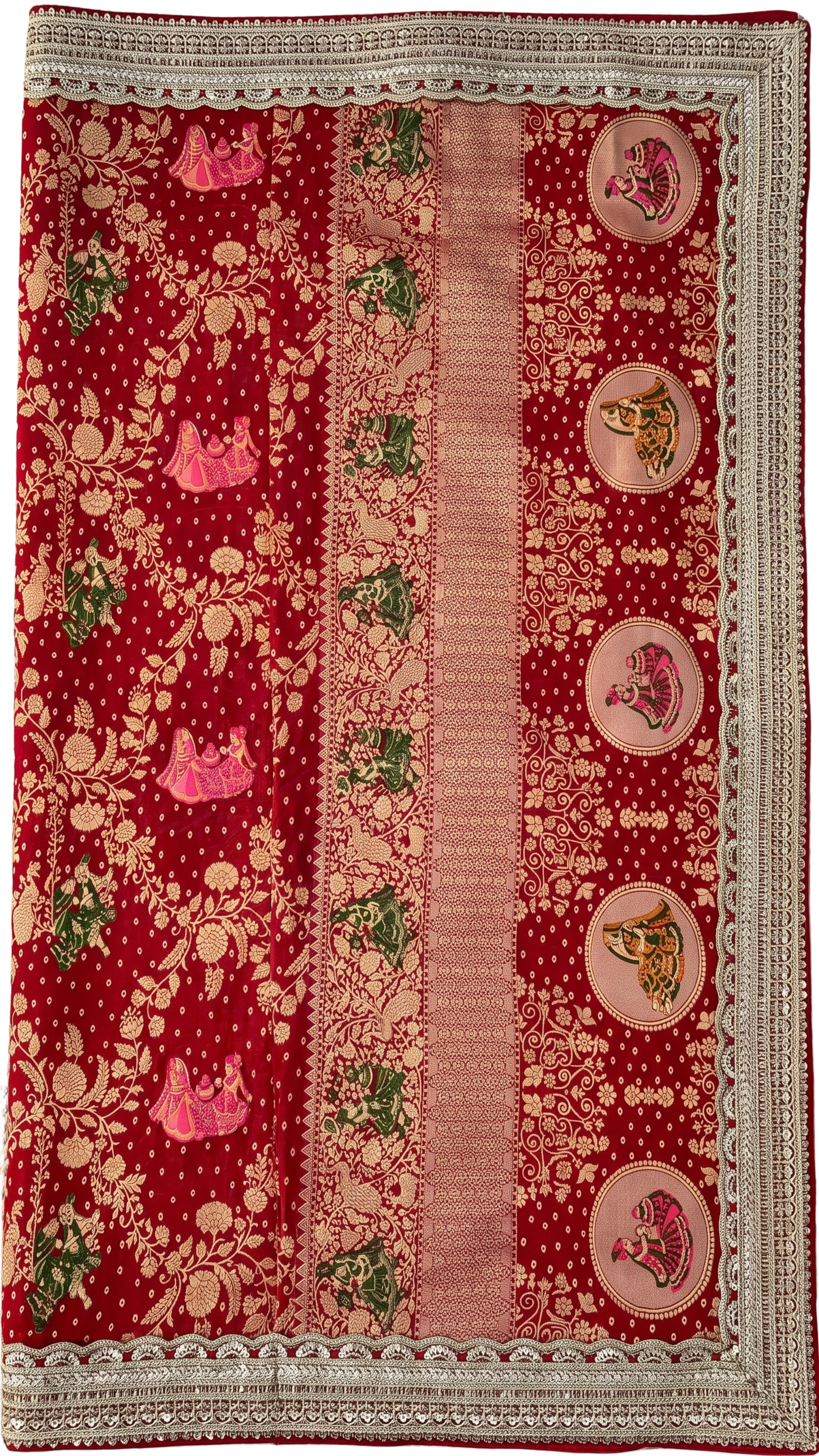 Red Georgette Unstitched Saree with Zari, Cutdana & Sequins Work and Heavy Lace Border